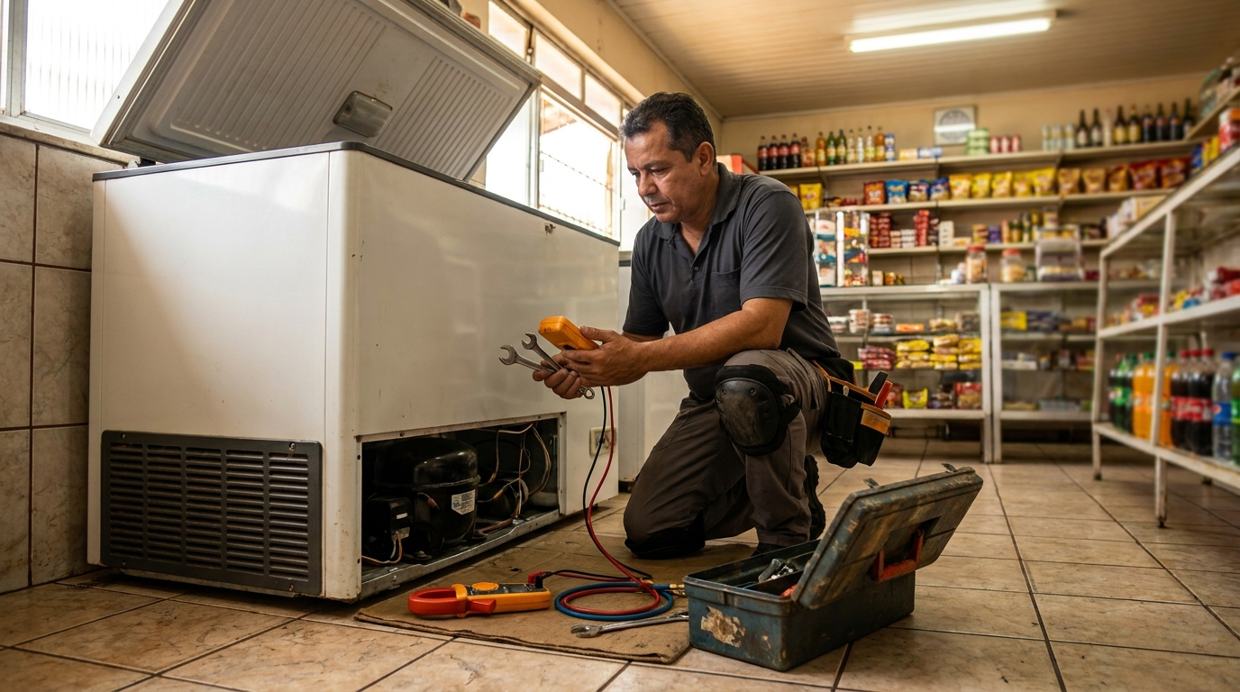 Profissional executando manutenção no motor de freezer em Marília‑SP