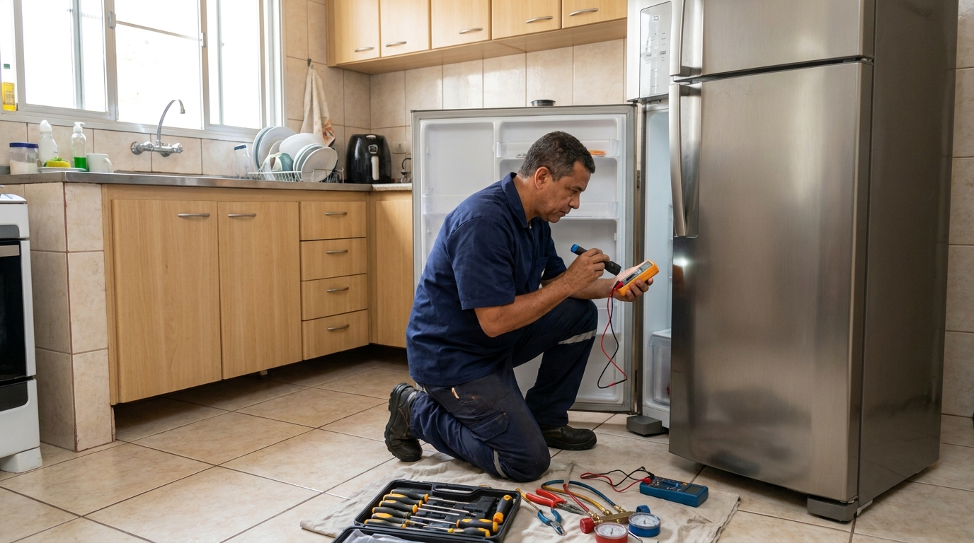 Técnico aplicando recarga de gás refrigerante em geladeira em Altaneira, Marília‑SP