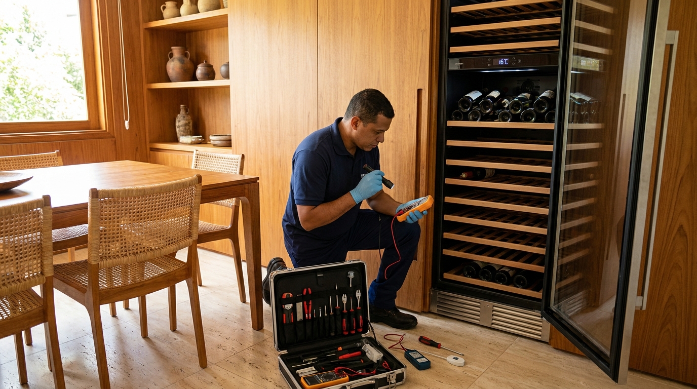 Substituição de termostato em adega climatizada em visita técnica no Centro, Marília‑SP