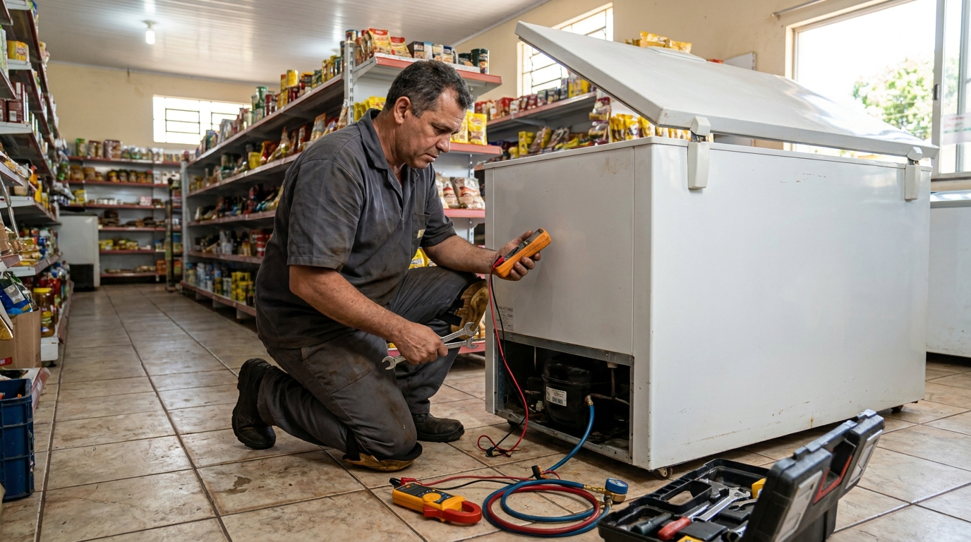 Substituição de termostato de freezer em visita técnica em Marília‑SP